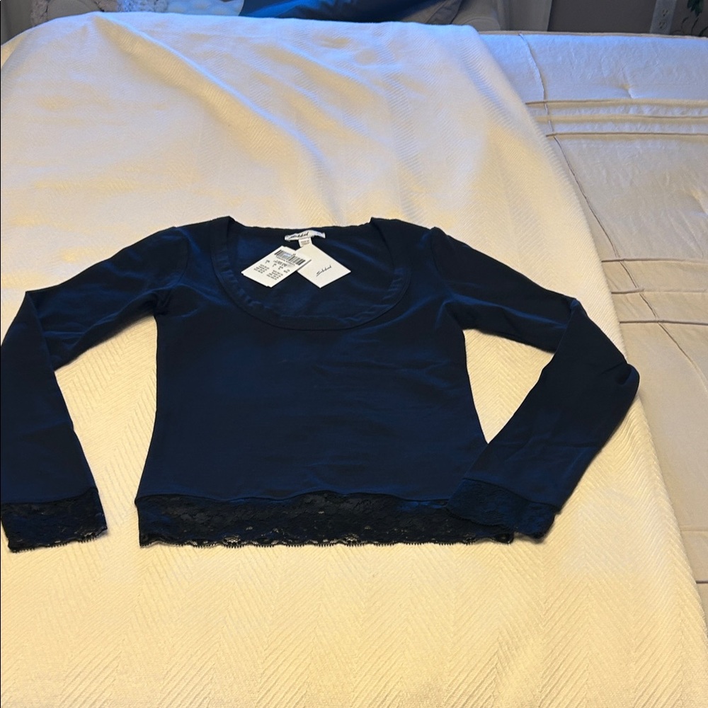 Subdued Navy Scoop Neck Top with lace trim